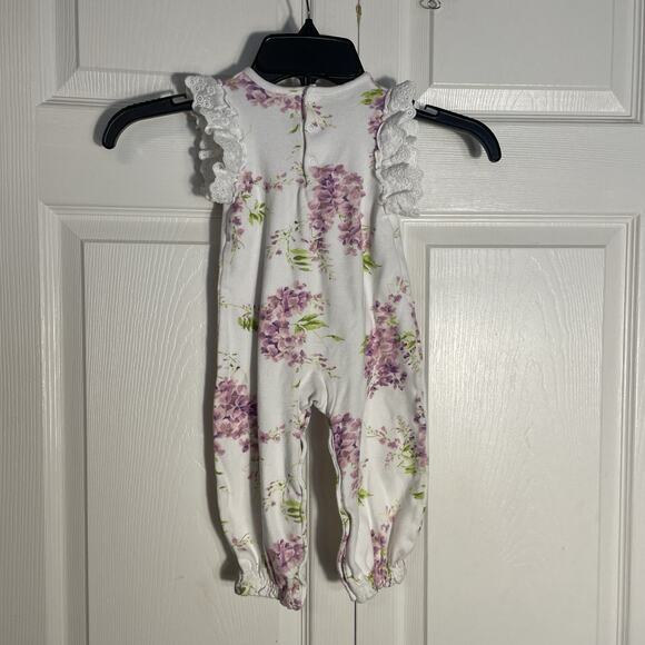 Laura Ashley Romper Baby 12 Mos White Floral Lace Ruffle Cotton One Piece Snaps - Picture 3 of 5